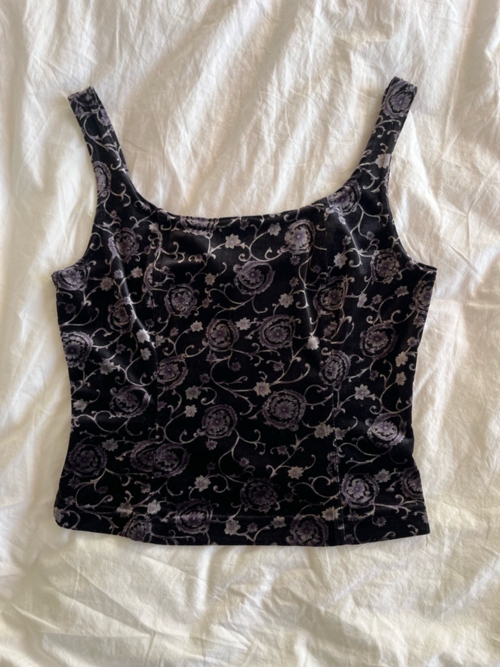 Vintage 90s Black and Purple Brocade Pattern Velour Velvet Tank top